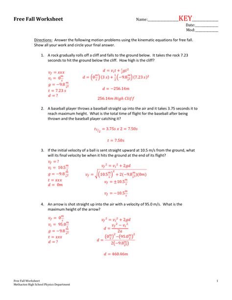 Free Fall Practice Problems Worksheet