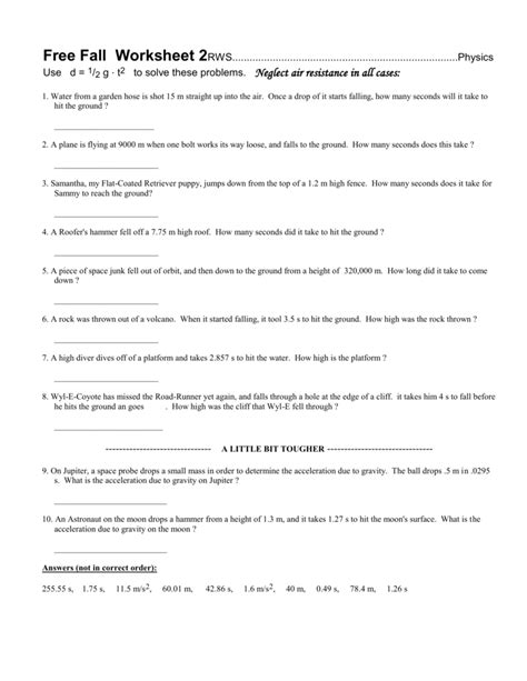 Free Fall Problems Worksheet Physics