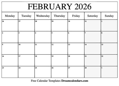 Free February 2026 Calendar Printable