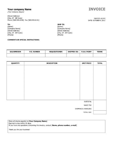Free Fillable Invoice Template Word