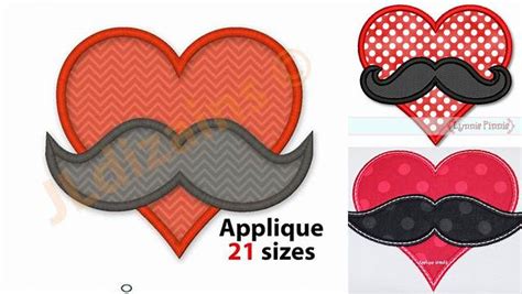 Download Free Heart Mustache Applique Machine Embroidery Design 3 Sizes Files DXF Files