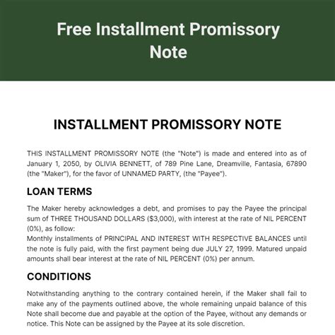 Free Installment Promissory Note Template