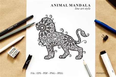Download Free Lion Mandala Vector Line Art Style Printable