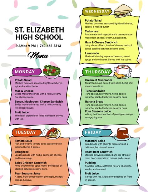 Free Lunch Menu Templates For Schools