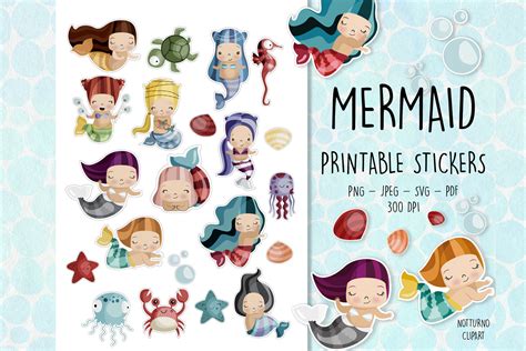 Download Free Mermaid Printable Stickers | Set of 21 Commercial Use For Crafts