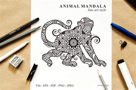 Download Free Monkey Mandala Vector Line Art Style 02 Crafts