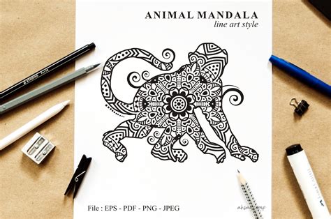Download Free Monkey Mandala Vector Line Art Style 02 Easy Edite