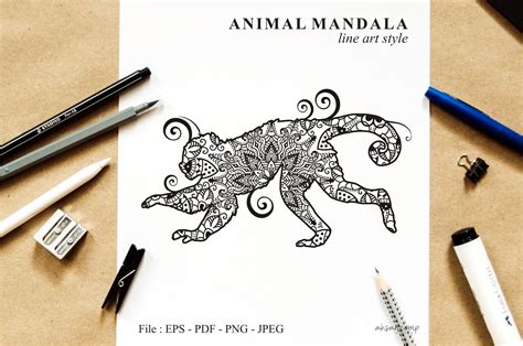 Download Free Monkey Mandala Vector Line Art Style 04 Crafts