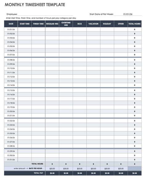 Free Monthly Timesheet Template