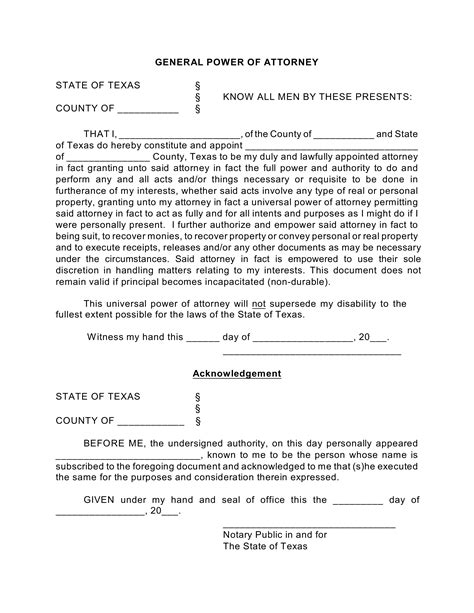 Free Power Of Attorney Template Texas