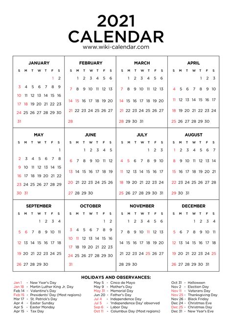 Free Printable 2021 Calendar With Holidays Pdf