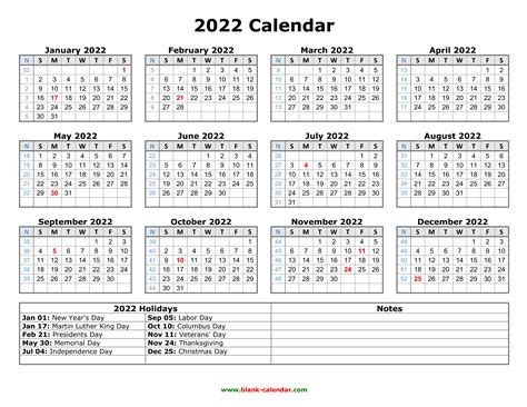 Free Printable 2022 Calendar With Holidays