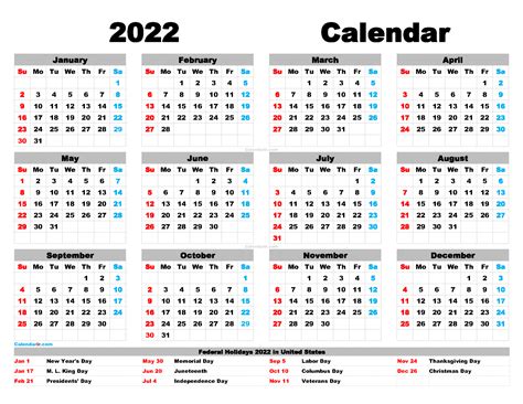 Free Printable 2022 Yearly Calendar With Holidays