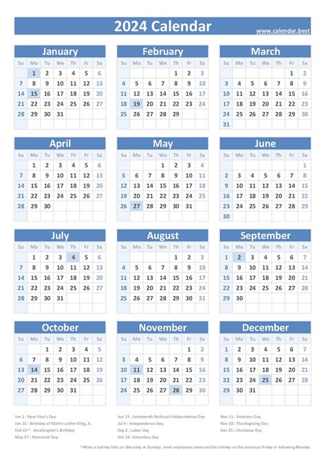 Free Printable 2024 Calendar With Federal Holidays