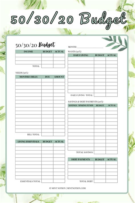 Free Printable 50 30 20 Budget Spreadsheet Template