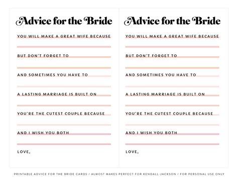 Free Printable Advice For The Bride Cards