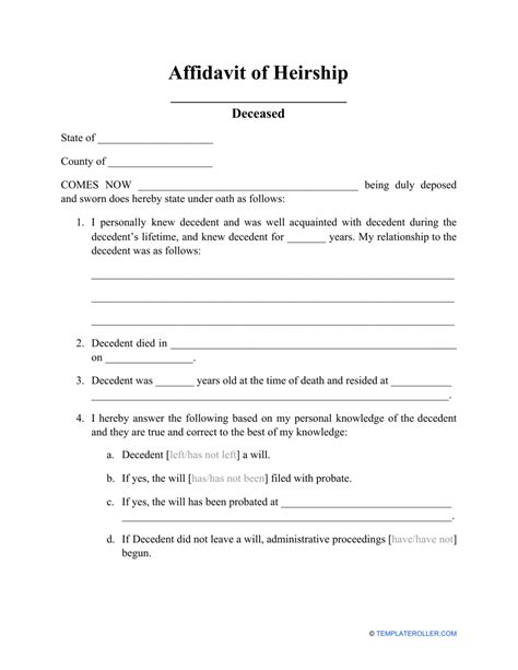 Free Printable Affidavit Of Heirship