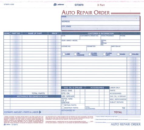 Free Printable Auto Repair Work Order Template