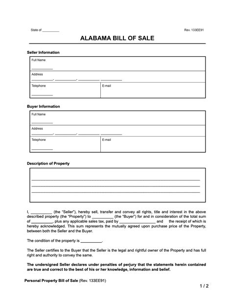 Free Printable Bill Of Sale Alabama
