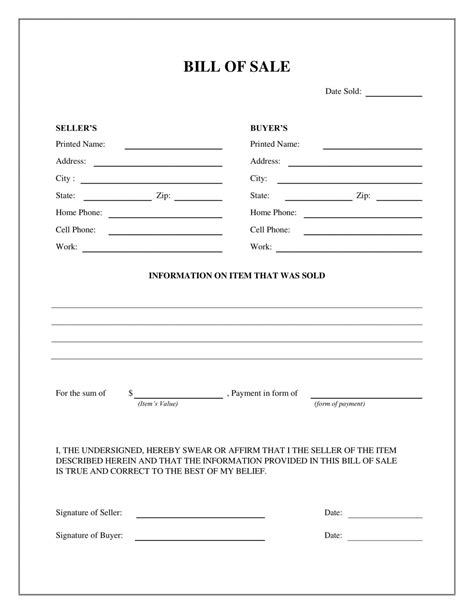 Free Printable Bill Of Sale Form