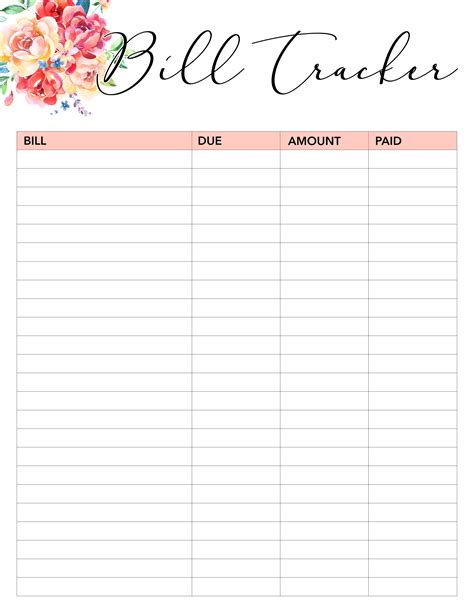 Free Printable Bill Tracker Template