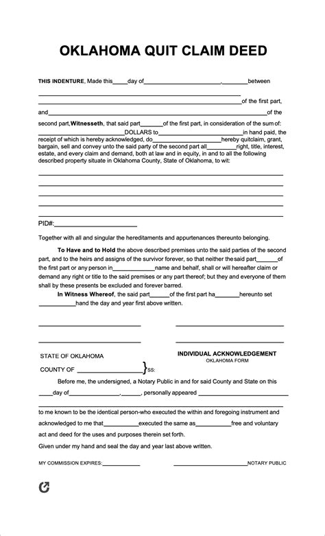 Free Printable Blank Quit Claim Deed Form Oklahoma