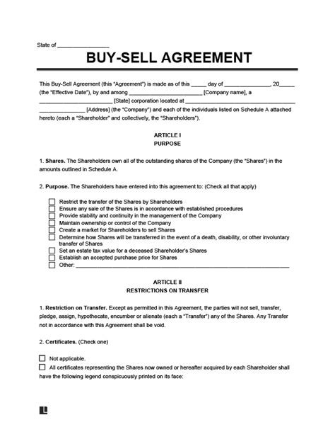 Free Printable Buy Sell Agreement