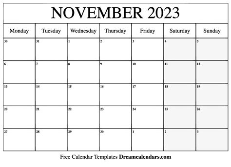 November 2023 Vertical Calendar Portrait