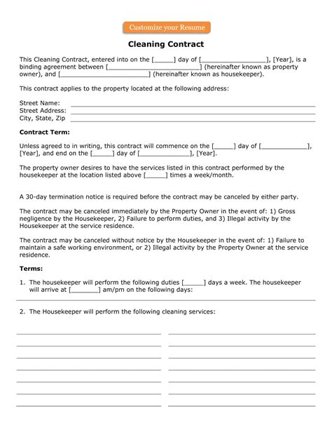 Free Printable Cleaning Contract Template Pdf