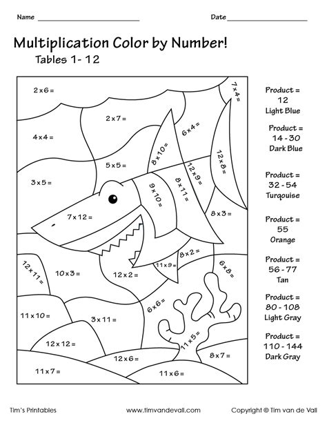 Free Printable Color By Number Multiplication Worksheets