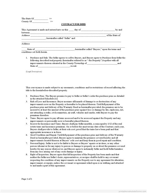 Free Printable Contract For Deed Template