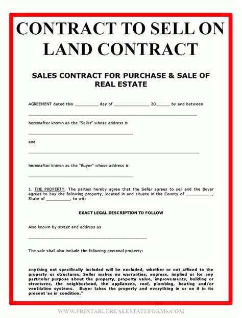 Free Printable Contract To Sell On Land Contract Form (GENERIC)