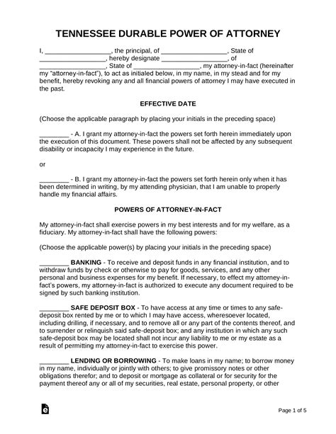 Free Printable Durable Power Of Attorney Form For Tennessee