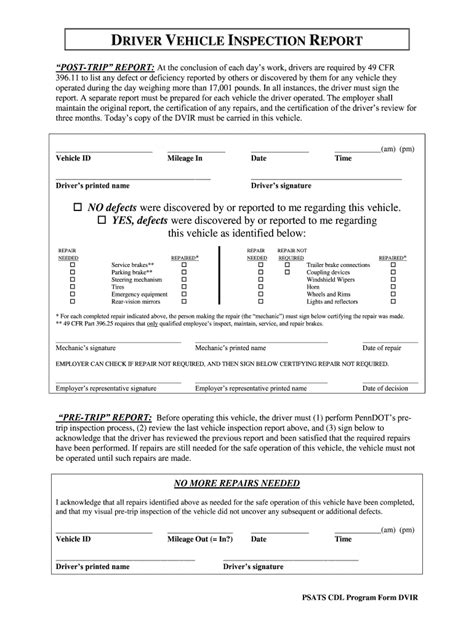 Free Printable Dvir Form