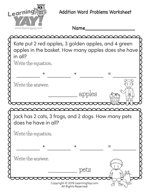 Free Printable First Grade Addition Word Problem Worksheet