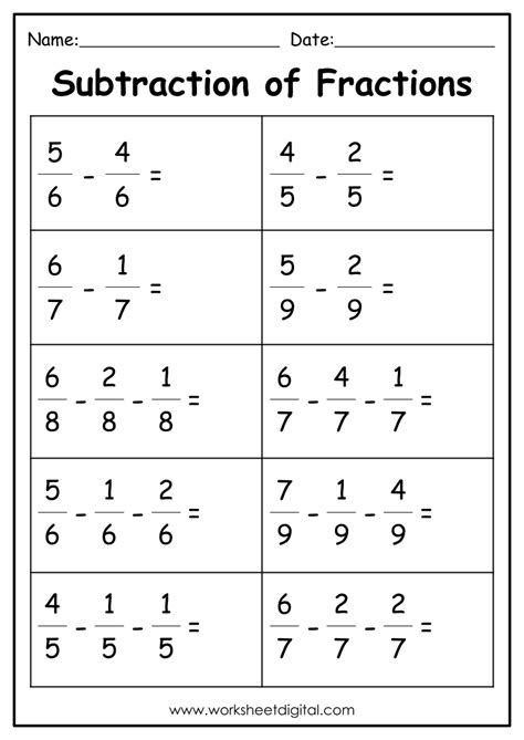 Free Printable Fraction Subtraction Worksheets