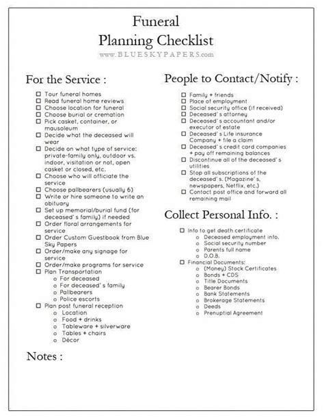 Free Printable Funeral Checklist