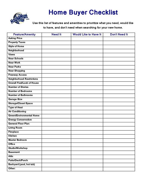 Free Printable Home Buying Checklist