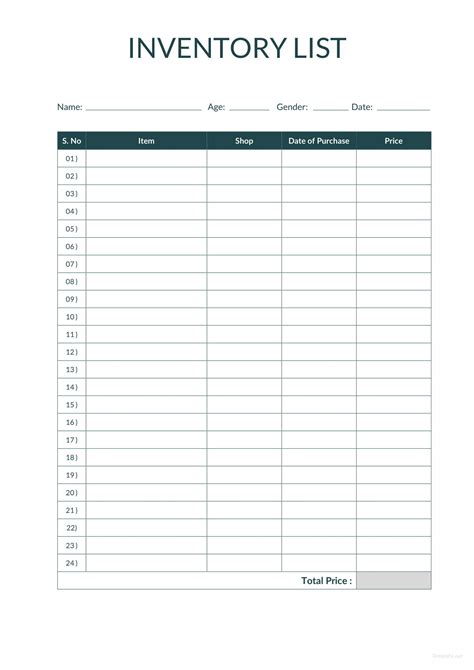 Free Printable Inventory List Template