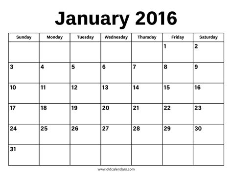 Free Printable Jan 2016 Calendar
