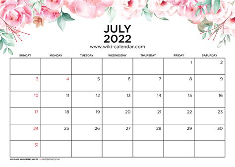 Free Printable July 2022 Calendar With Holidays