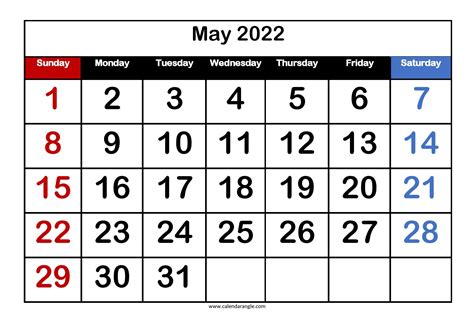 Free Printable May 2022 Calendar