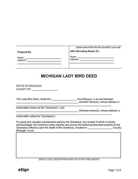 Free Printable Michigan Lady Bird Deed Form
