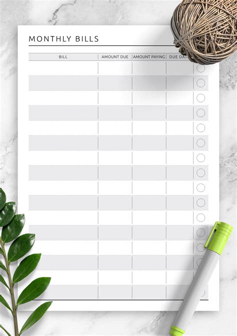 Free Printable Monthly Bills Template