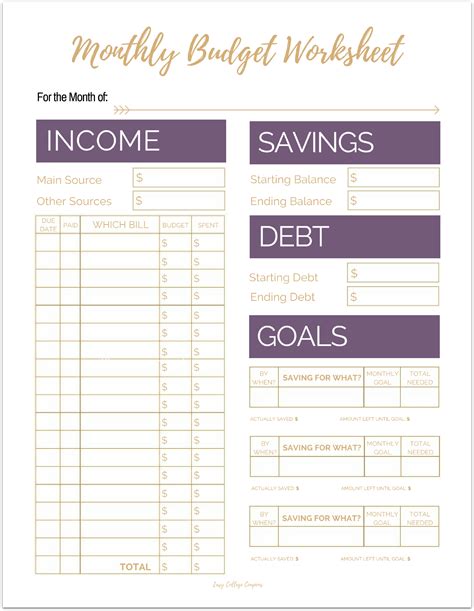 Free Printable Monthly Budget Worksheet