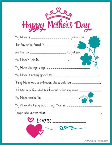 Free Printable Mother's Day Questionnaire For Preschoolers