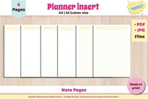 Download Free Printable Note Pages Set , Planner Inserts letter A5 A4 DXF Files