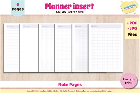 Download Free Printable Note Pages Set , Planner Inserts letter A5 A4 For Crafts