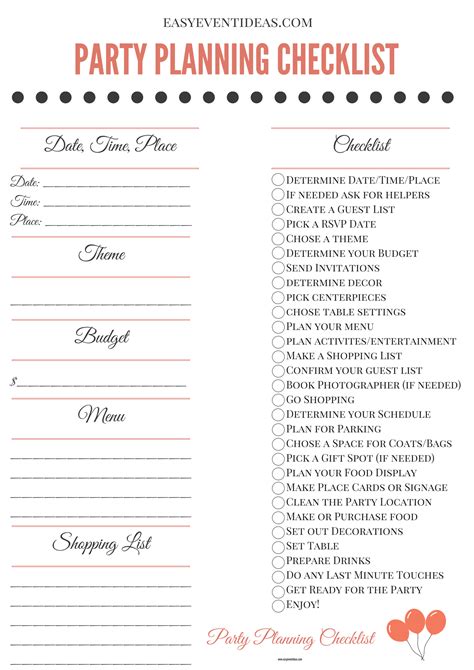 Free Printable Party Planning Checklist