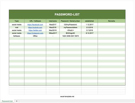 Free Printable Password List Template Excel
